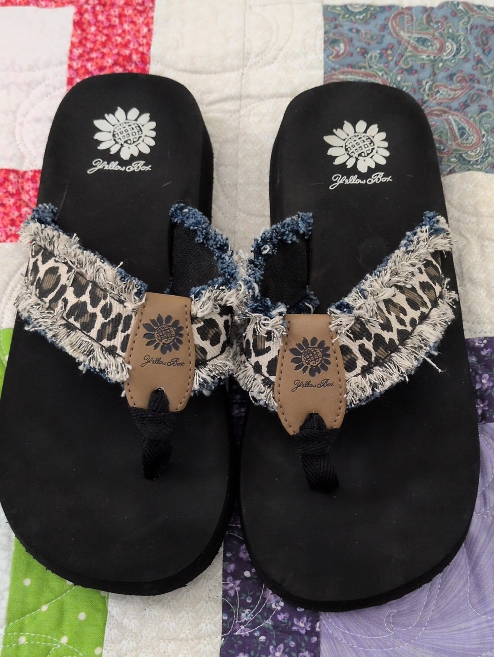 Yellow Box Black Leopard-Print Frayed Thong Sandals
